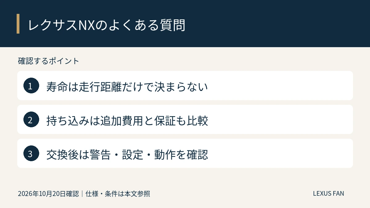 寿命は走行距離だけで決まらない。持ち込みは追加費用と保証も比較。交換後は警告・設定・動作を確認