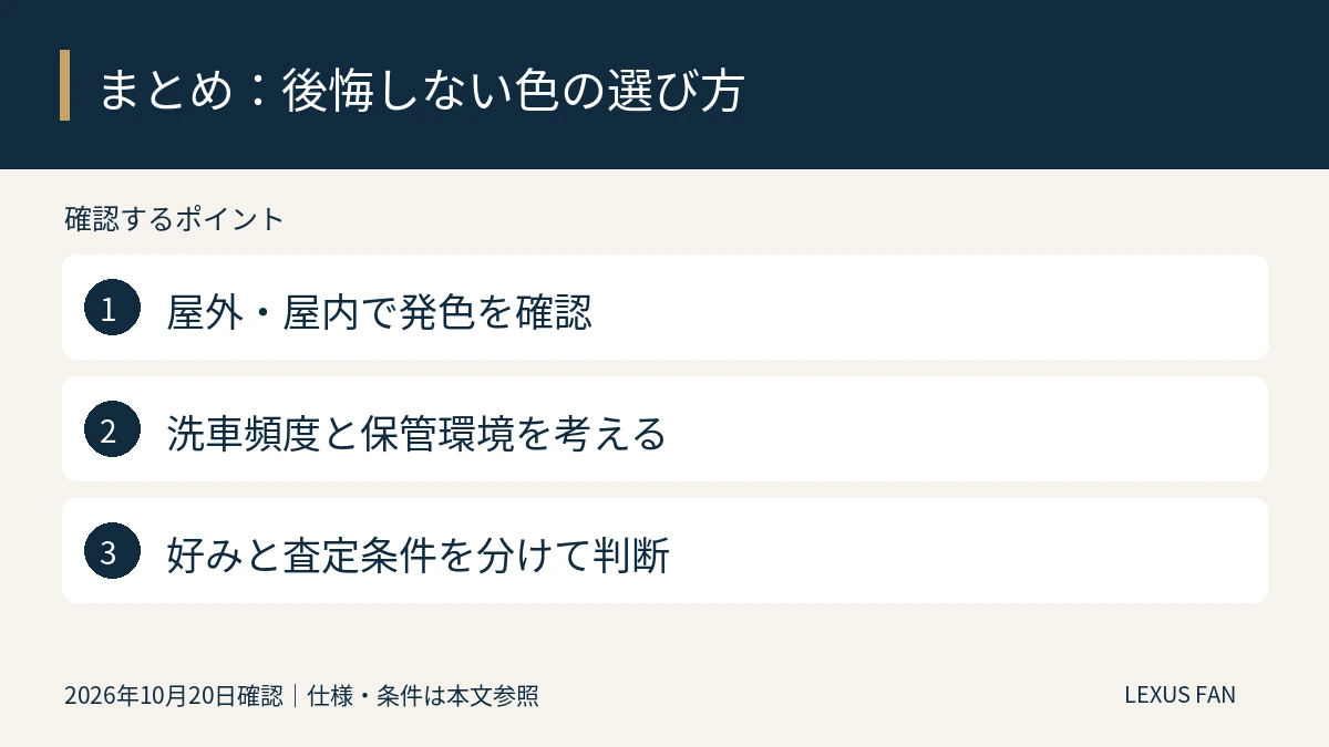 屋外・屋内で発色を確認。洗車頻度と保管環境を考える。好みと査定条件を分けて判断