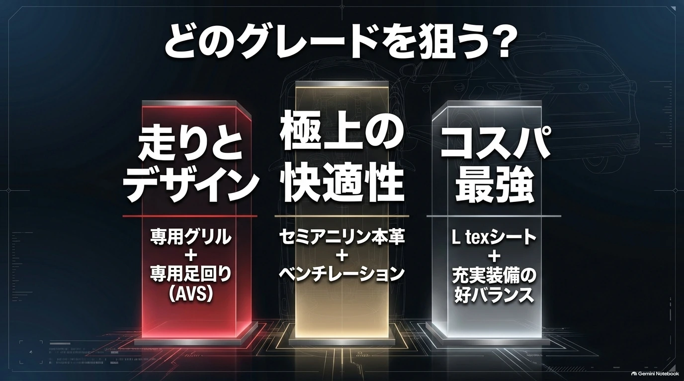 旧型レクサスNXのF SPORTは走りとデザイン、version Lは内装と快適性、I packageは装備と価格のバランスを重視する特徴を比較した図