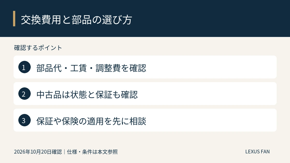 部品代・工賃・調整費を確認。中古品は状態と保証も確認。保証や保険の適用を先に相談