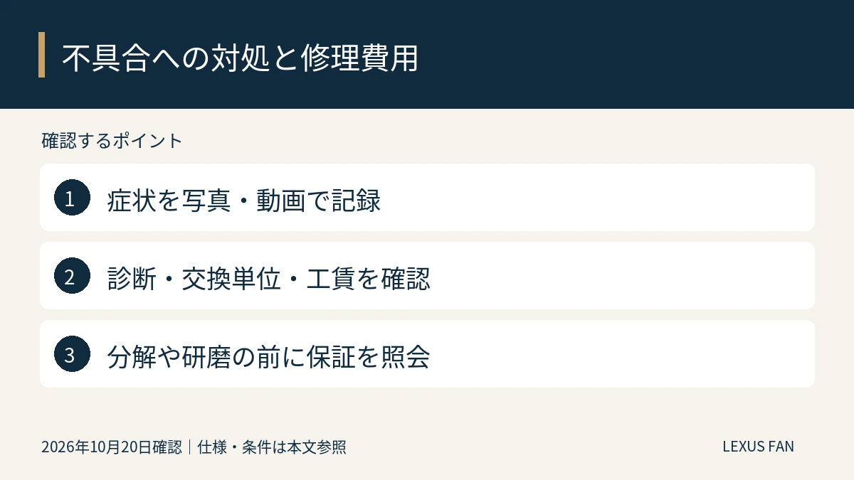 症状を写真・動画で記録。診断・交換単位・工賃を確認。分解や研磨の前に保証を照会