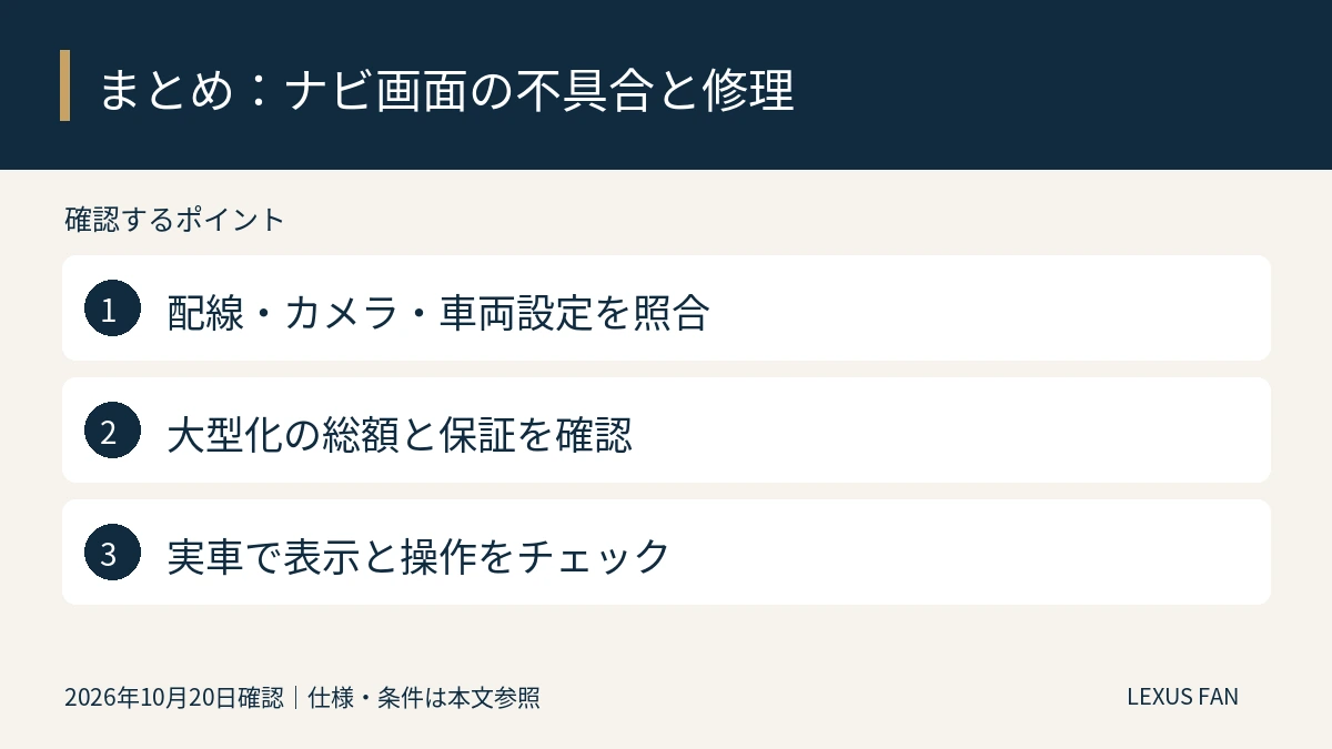 配線・カメラ・車両設定を照合。大型化の総額と保証を確認。実車で表示と操作をチェック