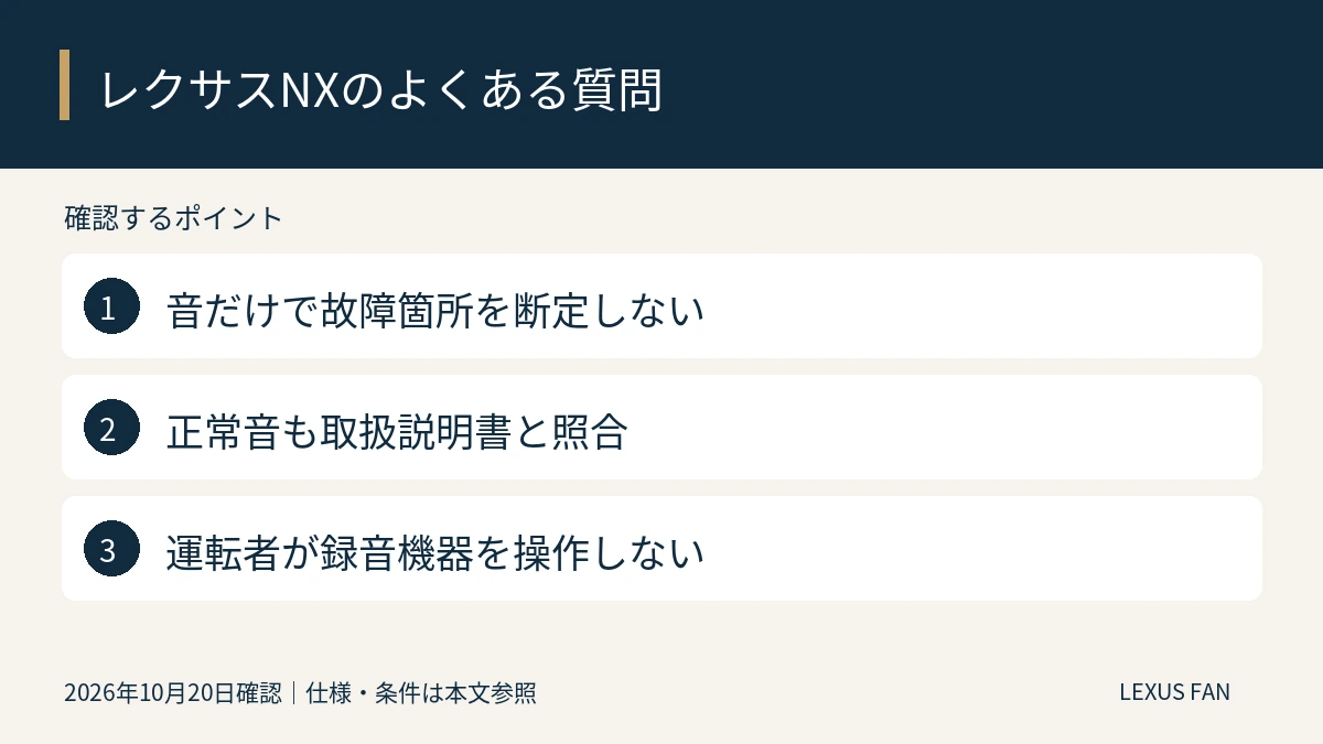 音だけで故障箇所を断定しない。正常音も取扱説明書と照合。運転者が録音機器を操作しない
