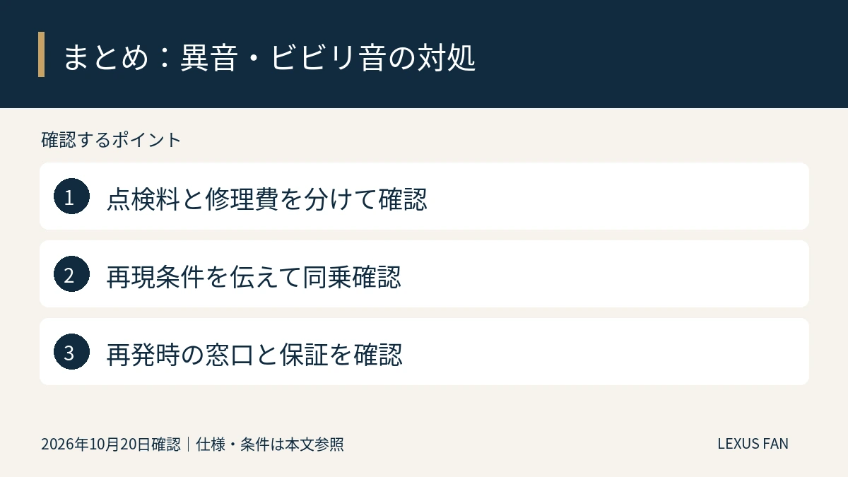 点検料と修理費を分けて確認。再現条件を伝えて同乗確認。再発時の窓口と保証を確認