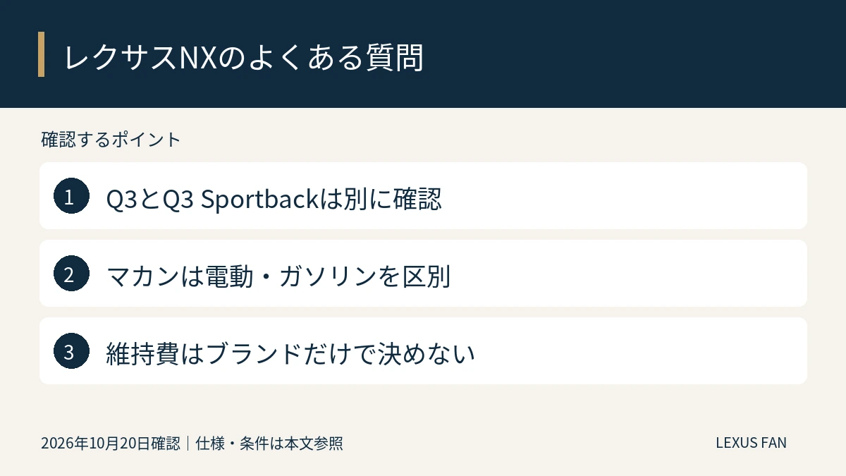 Q3とQ3 Sportbackは別に確認。マカンは電動・ガソリンを区別。維持費はブランドだけで決めない