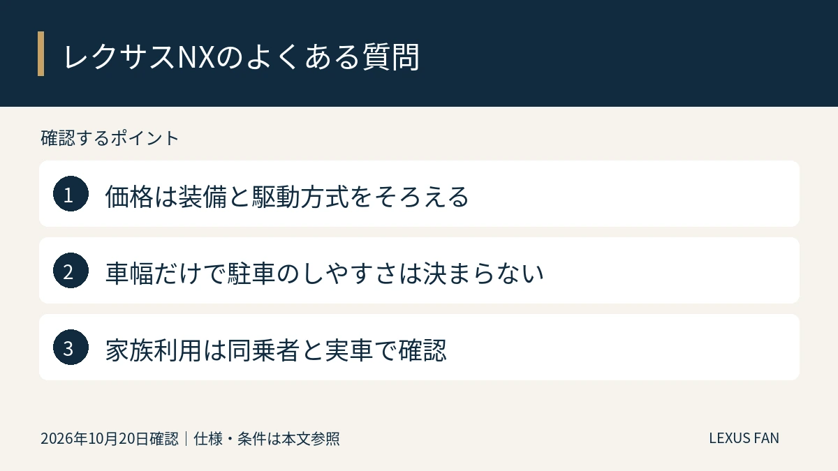 価格は装備と駆動方式をそろえる。車幅だけで駐車のしやすさは決まらない。家族利用は同乗者と実車で確認