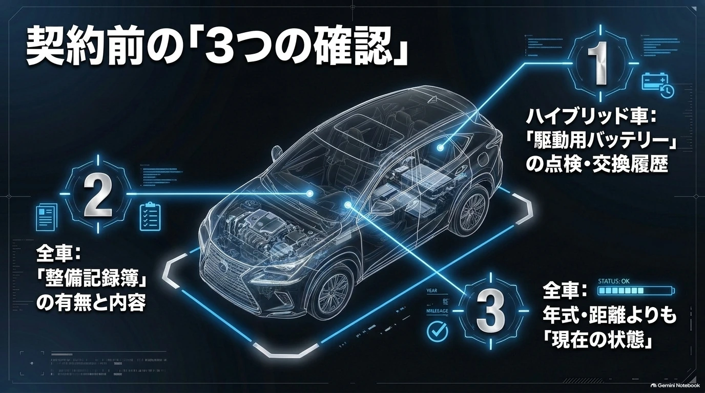 中古レクサスNX300hの契約前に駆動用バッテリーの点検や交換履歴、整備記録簿の内容、車両の現在の状態を確認する3項目の図