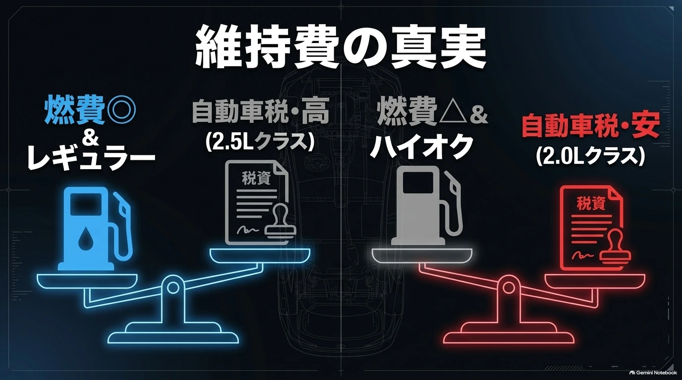 旧型NXの維持費について、レギュラーガソリンと燃費が特徴のNX300h、ハイオク指定で自動車税の排気量区分が小さいガソリン車の違いを示す図