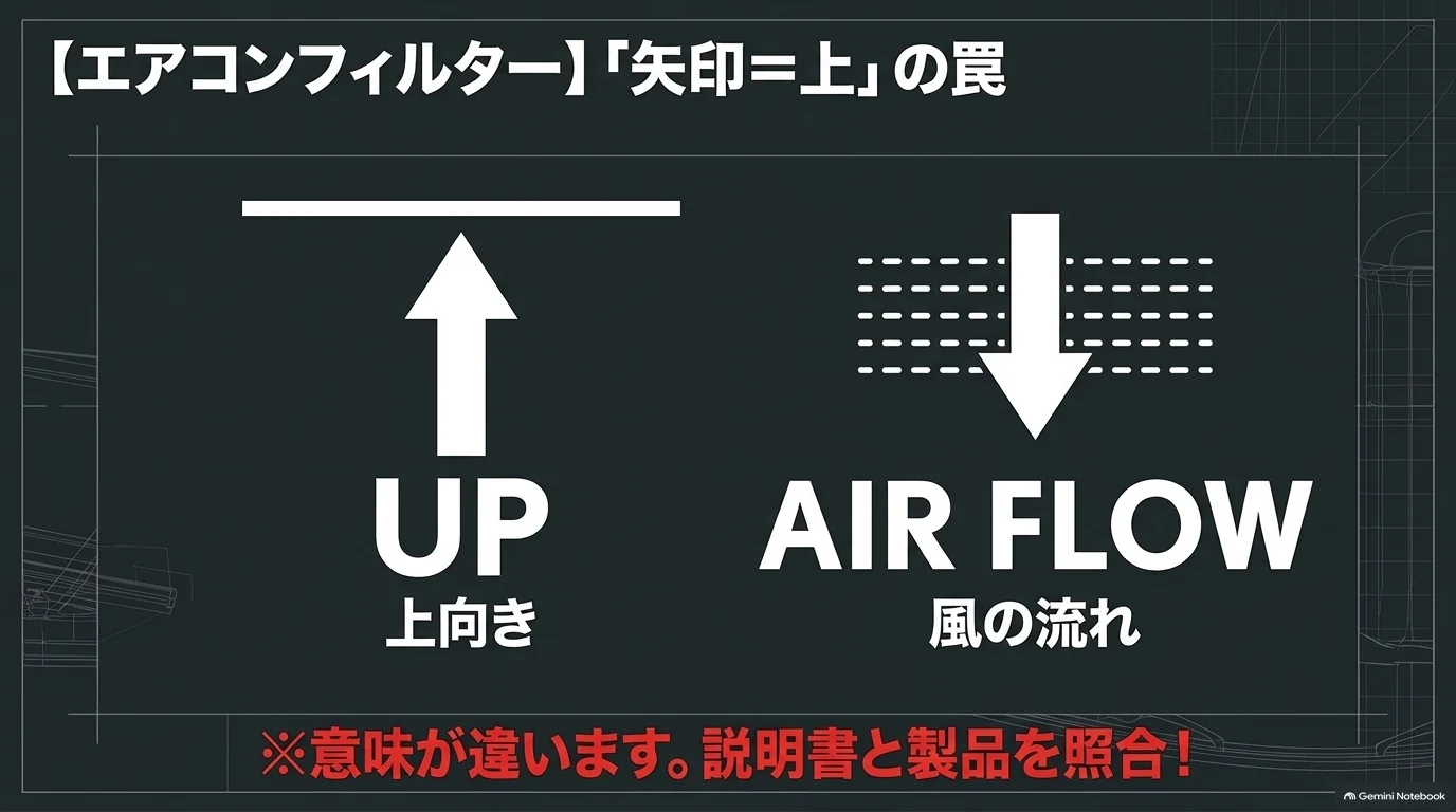 レクサスRXのエアコンフィルター交換ではUP矢印は上方向、AIR FLOW矢印は空気の流れる方向を示すため表示を混同しないという説明図