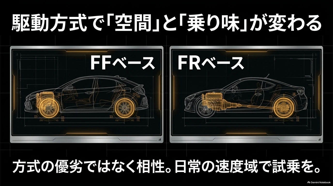レクサスRXの前輪駆動ベースとマツダCX-60・CX-80の後輪駆動ベースを対比した概念図