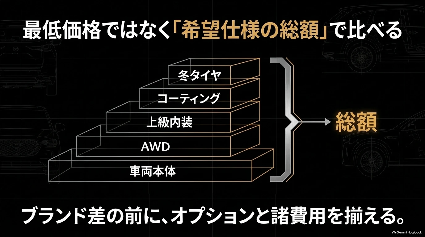 車両本体価格にAWD、上級内装、コーティング、冬タイヤなどを加えて購入総額を比較する考え方