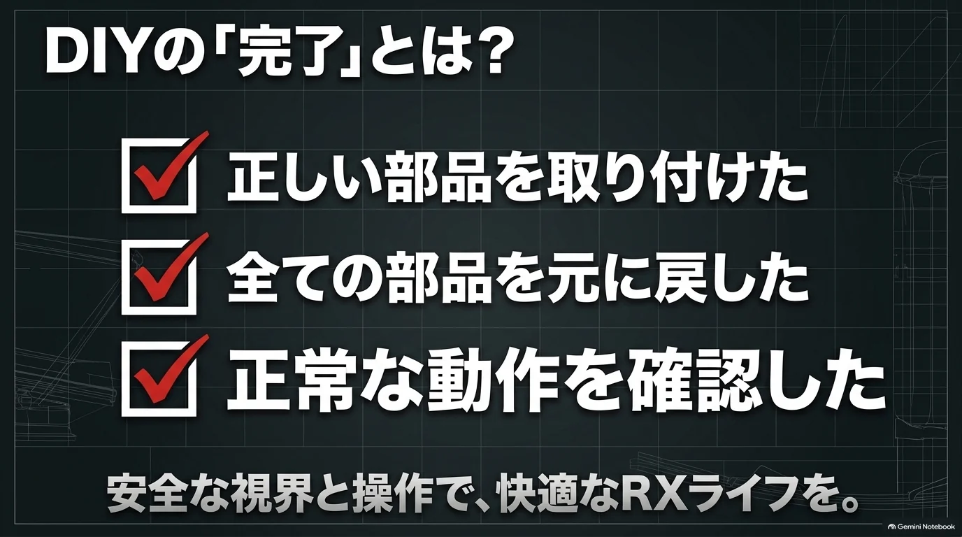 レクサスRXのDIYメンテナンス完了時に適合する部品の装着、外したカバーや固定具の復元、正常な動作確認を行う3項目のチェック図