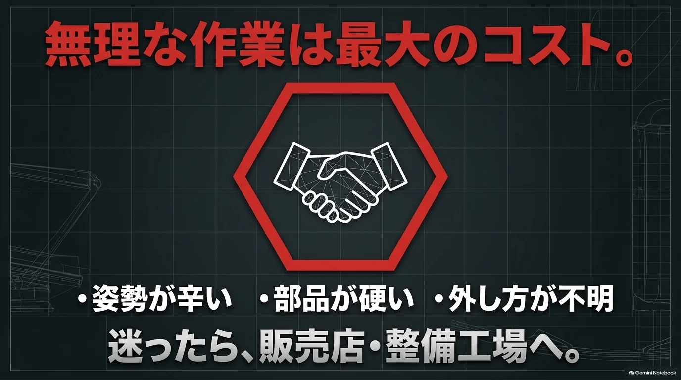 レクサスRXの消耗品交換で無理な姿勢、外れない硬い部品、作業方法への不安がある場合は販売店や整備工場に相談することを示す注意図