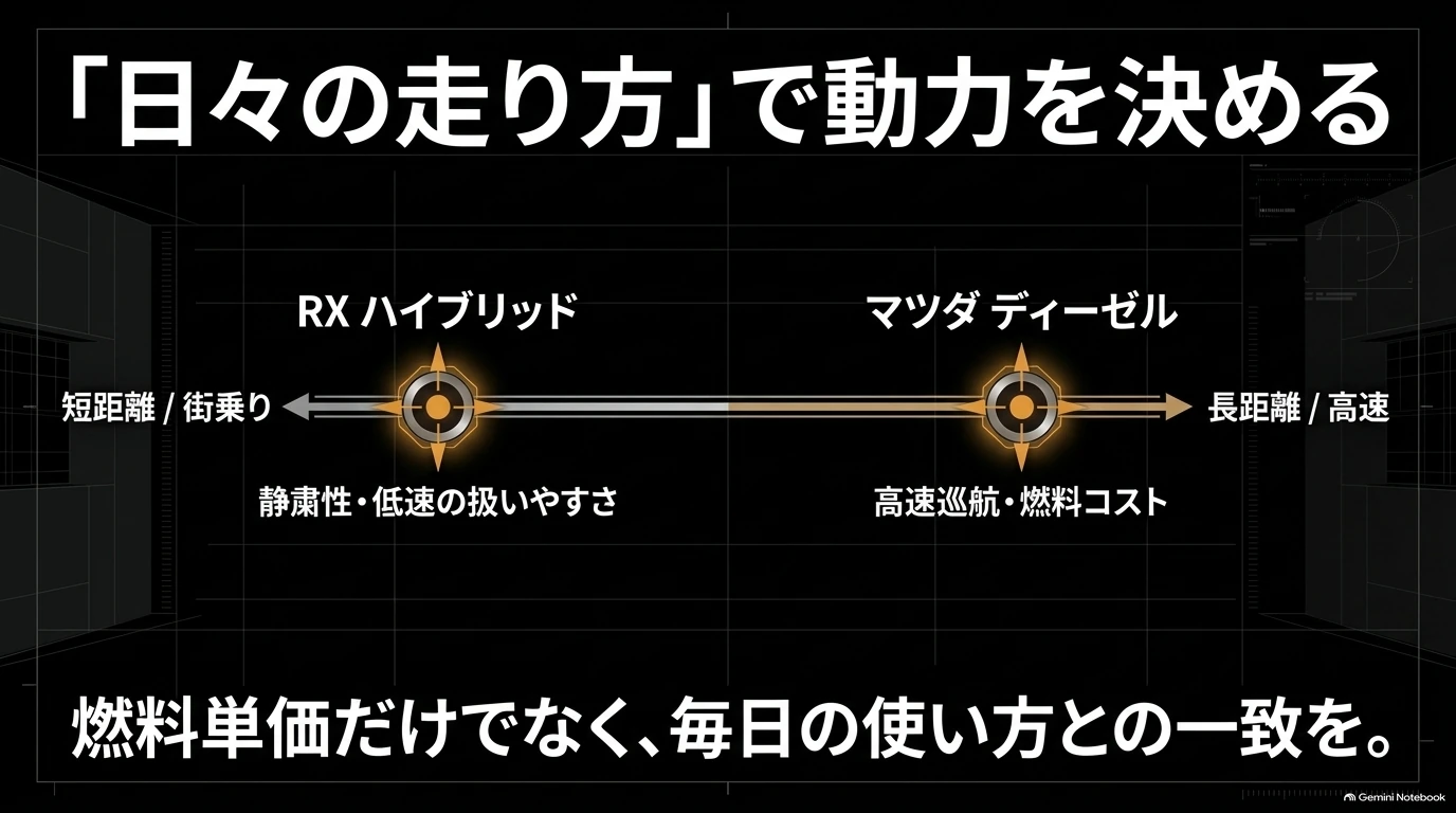 レクサスRXハイブリッドの市街地や短距離走行とマツダディーゼルの高速巡航や長距離走行を比べる目安