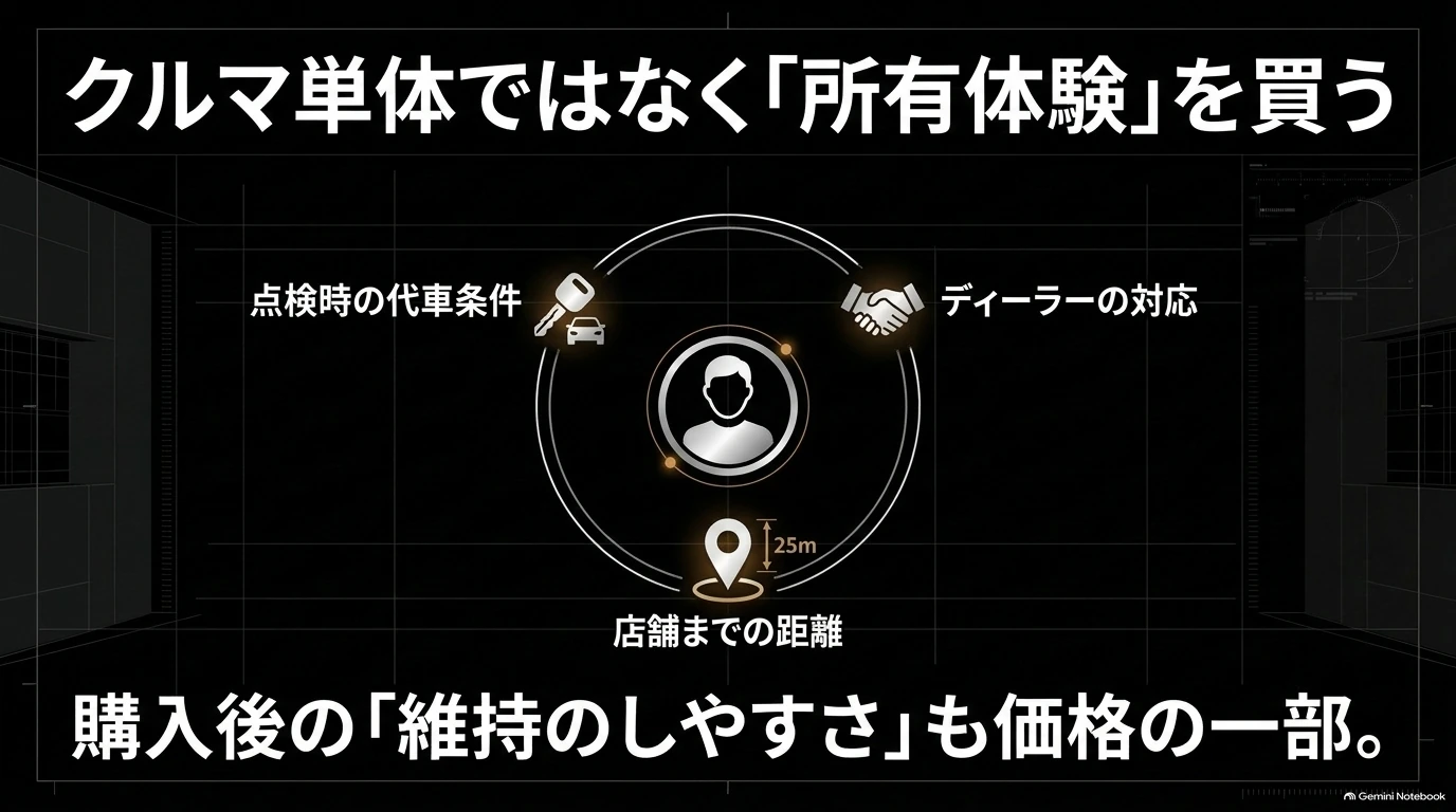 レクサスRXとマツダSUVの所有体験を比較するための代車条件、ディーラー対応、店舗までの距離を示す図