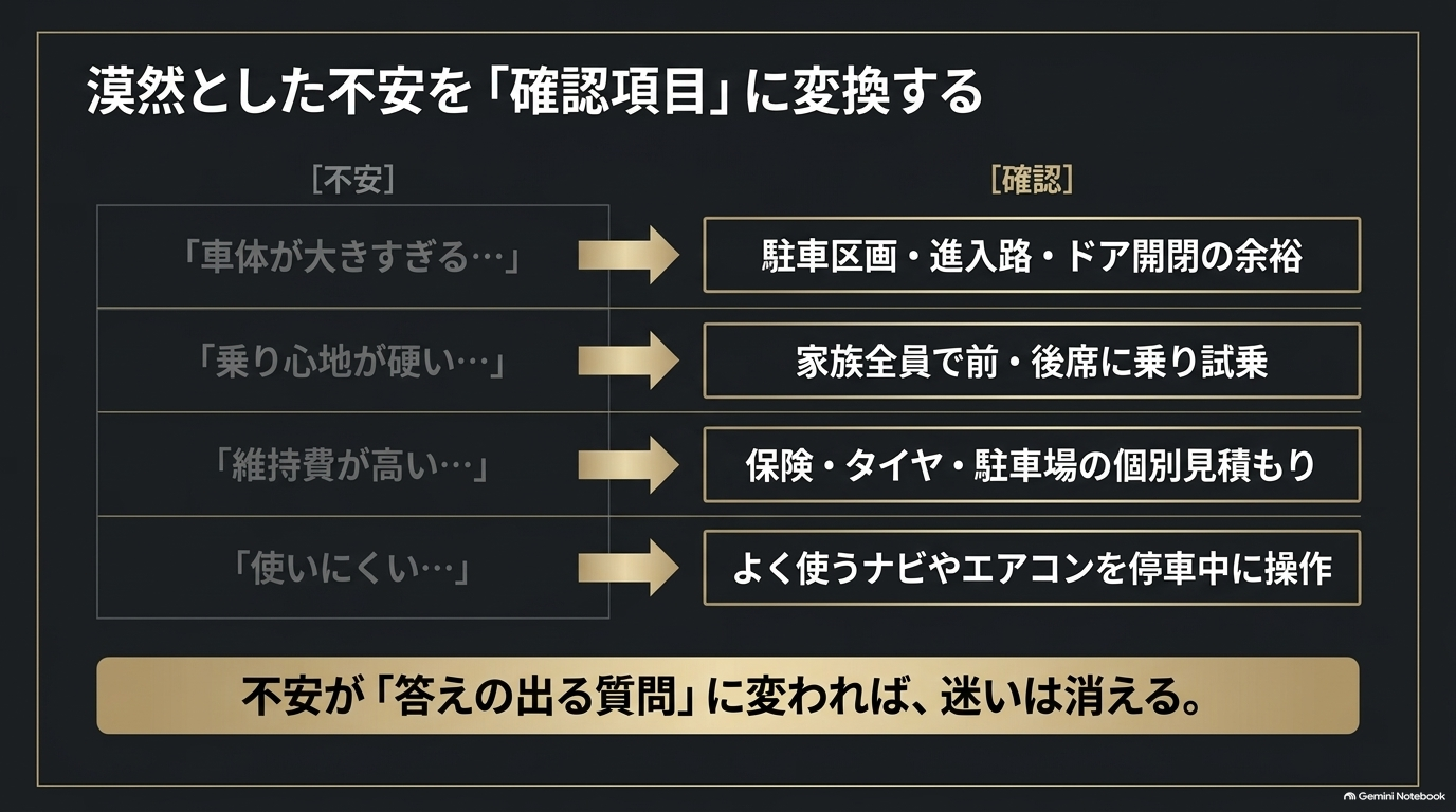、維持費、操作性への不安を駐車区画の確認や家族での試乗、個別見積もりなどの具体的な確認項目に変える図解