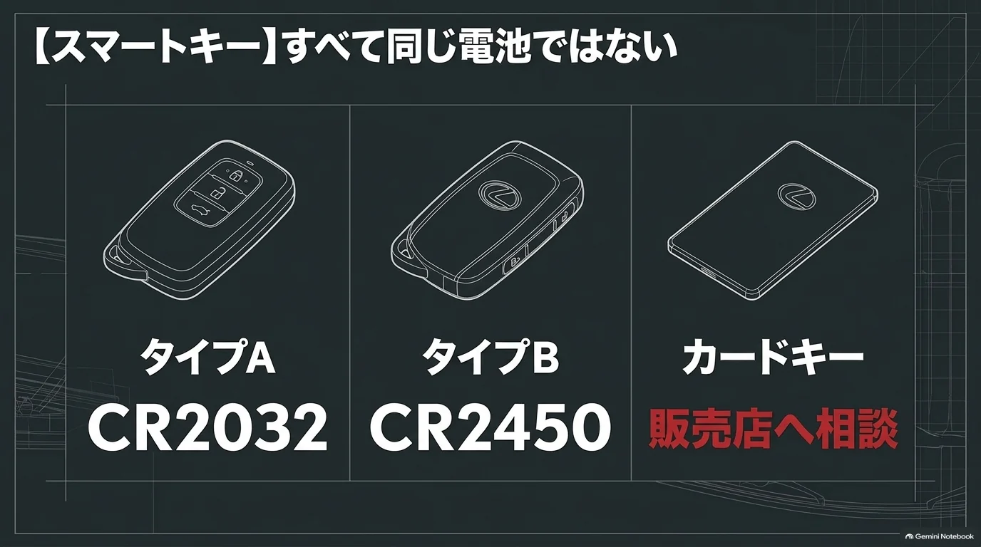 レクサスRX350の参照説明書では電子キーのタイプAがCR2032、タイプBがCR2450、カードキーは販売店へ相談と示されている比較図