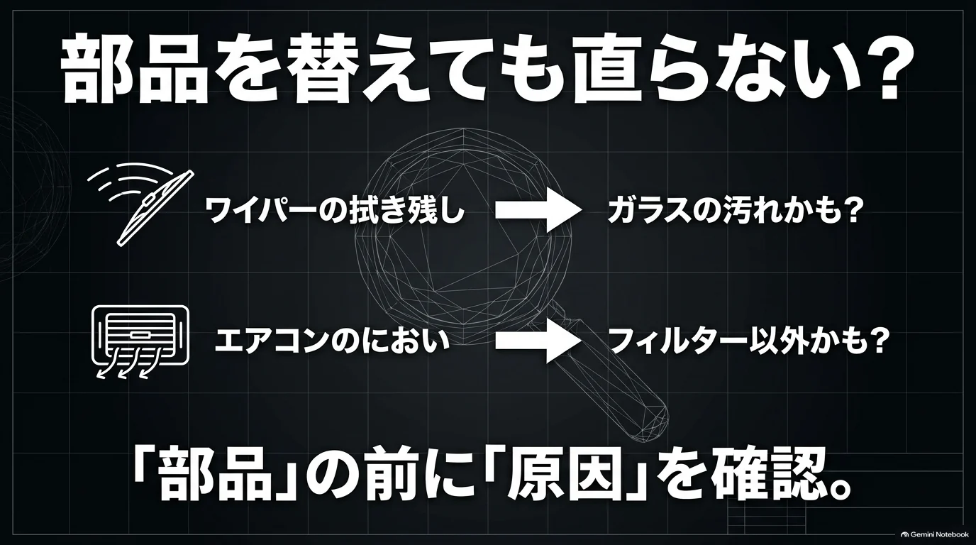 レクサスRXのワイパーの拭き残しはガラスの汚れ、エアコンのにおいはフィルター以外が原因となる可能性を示す図