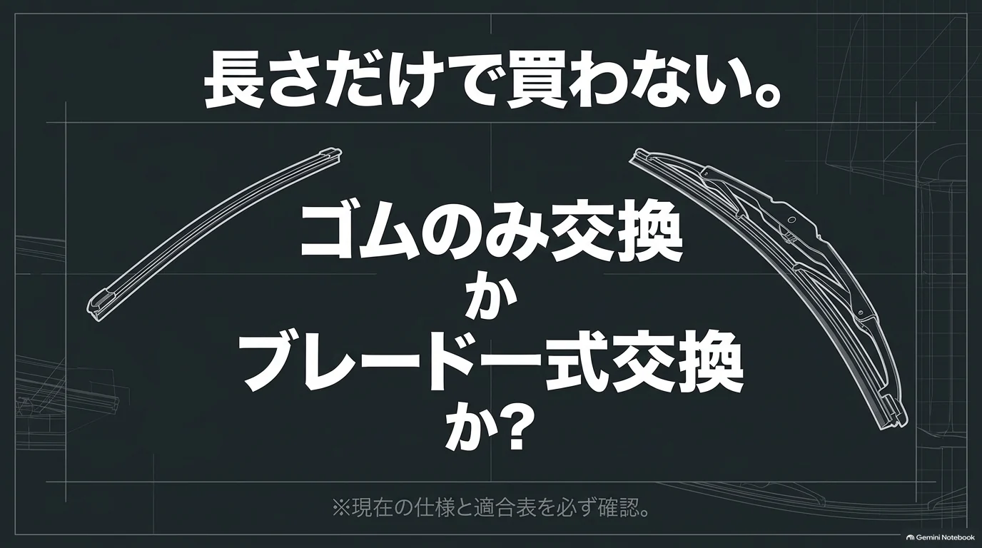 レクサスRXのワイパー交換ではゴムのみ交換する方法とブレード一式を交換する方法があり、長さだけでなく形状や固定部の適合確認が必要なことを示す図