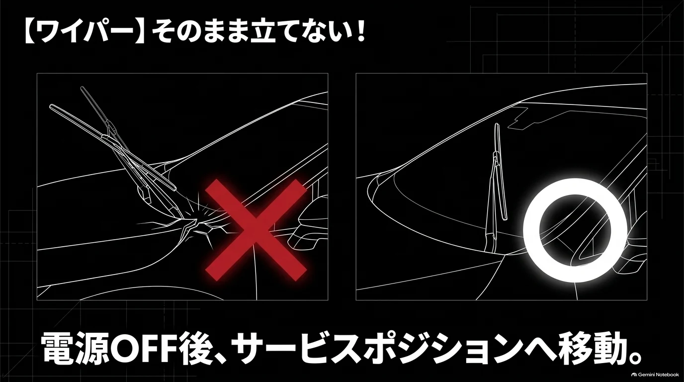 レクサスRXのワイパーを格納位置から無理に立てず、電源OFF後に指定操作でサービスポジションへ移動させてから持ち上げる方法を示す図