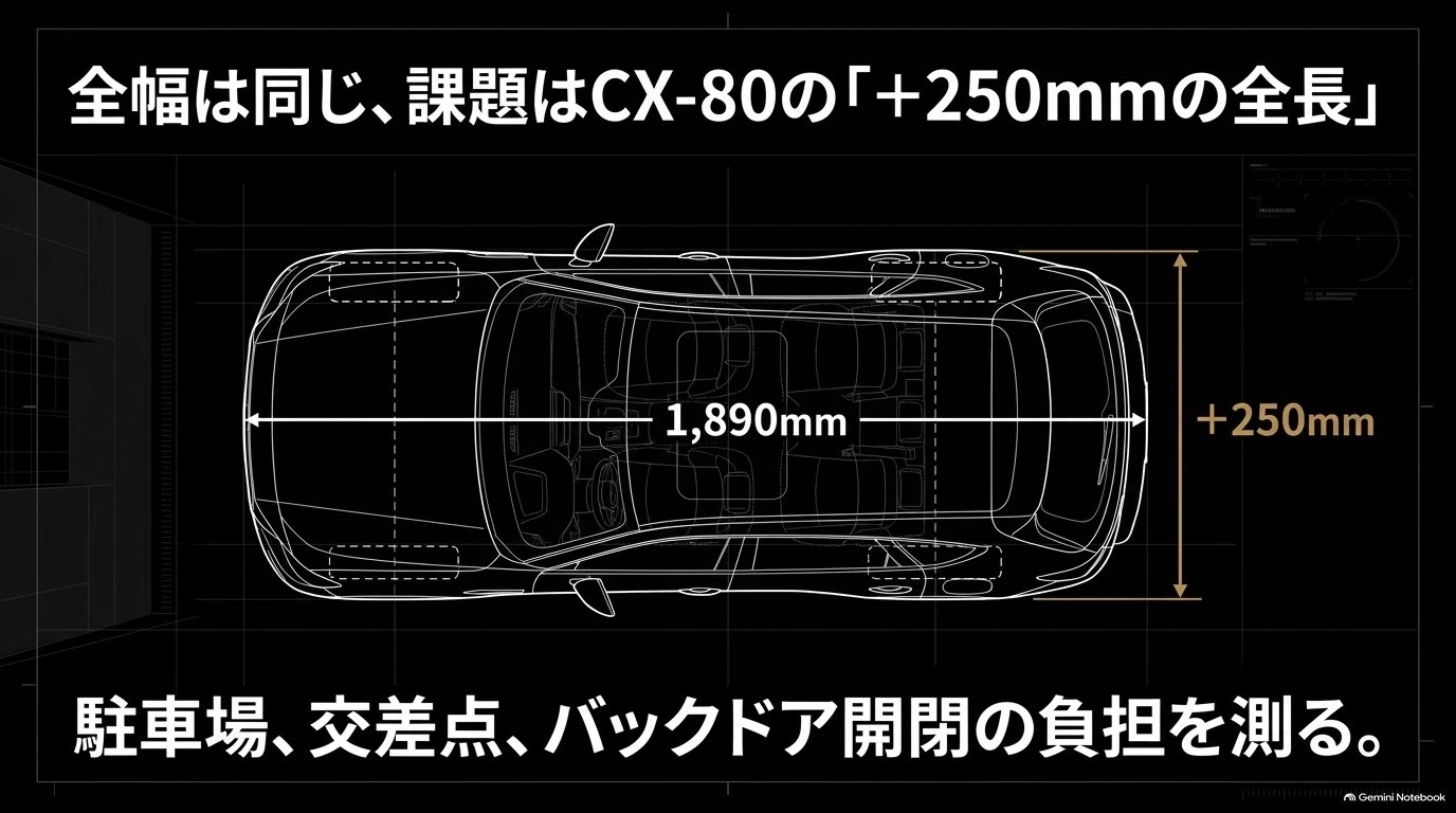 マツダCX-60とCX-80は全幅1890mmで共通し、CX-80は全長が250mm長いことを伝える比較図