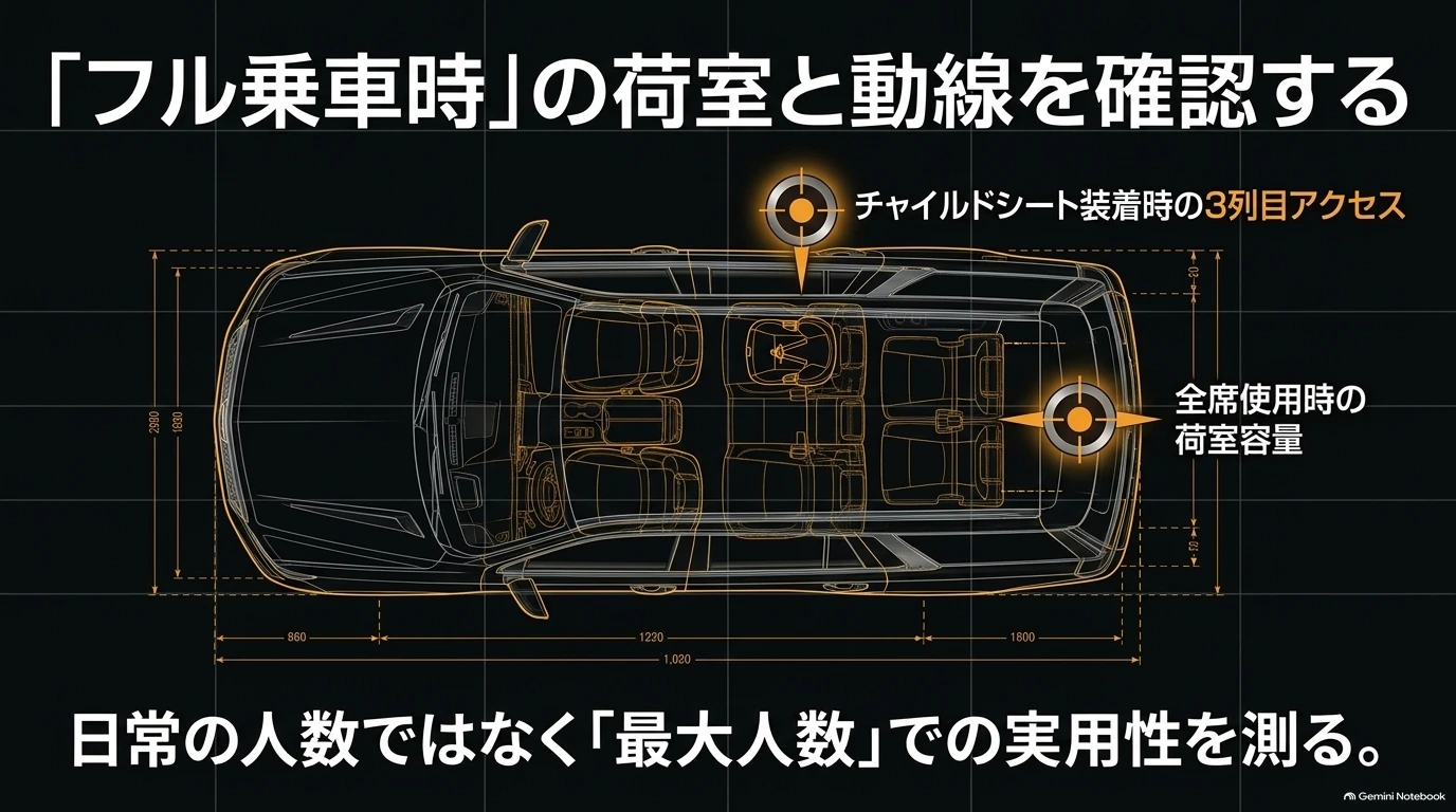 マツダCX-80でチャイルドシート装着時の3列目への乗り込みと全席使用時の荷室を確認するポイント
